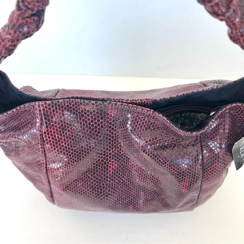 FURLA NEW Burgundy Snake Python Embossed Leather Single Handle Hobo Shoulder Bag - Picture 10 of 16